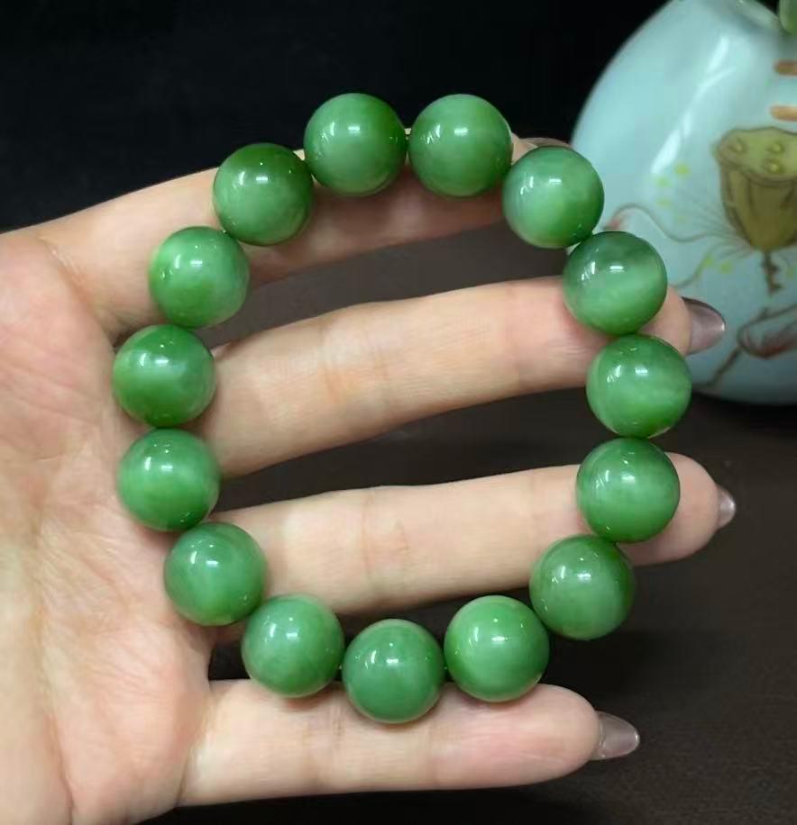和田玉碧玉猫眼圆珠手串（63.2g）