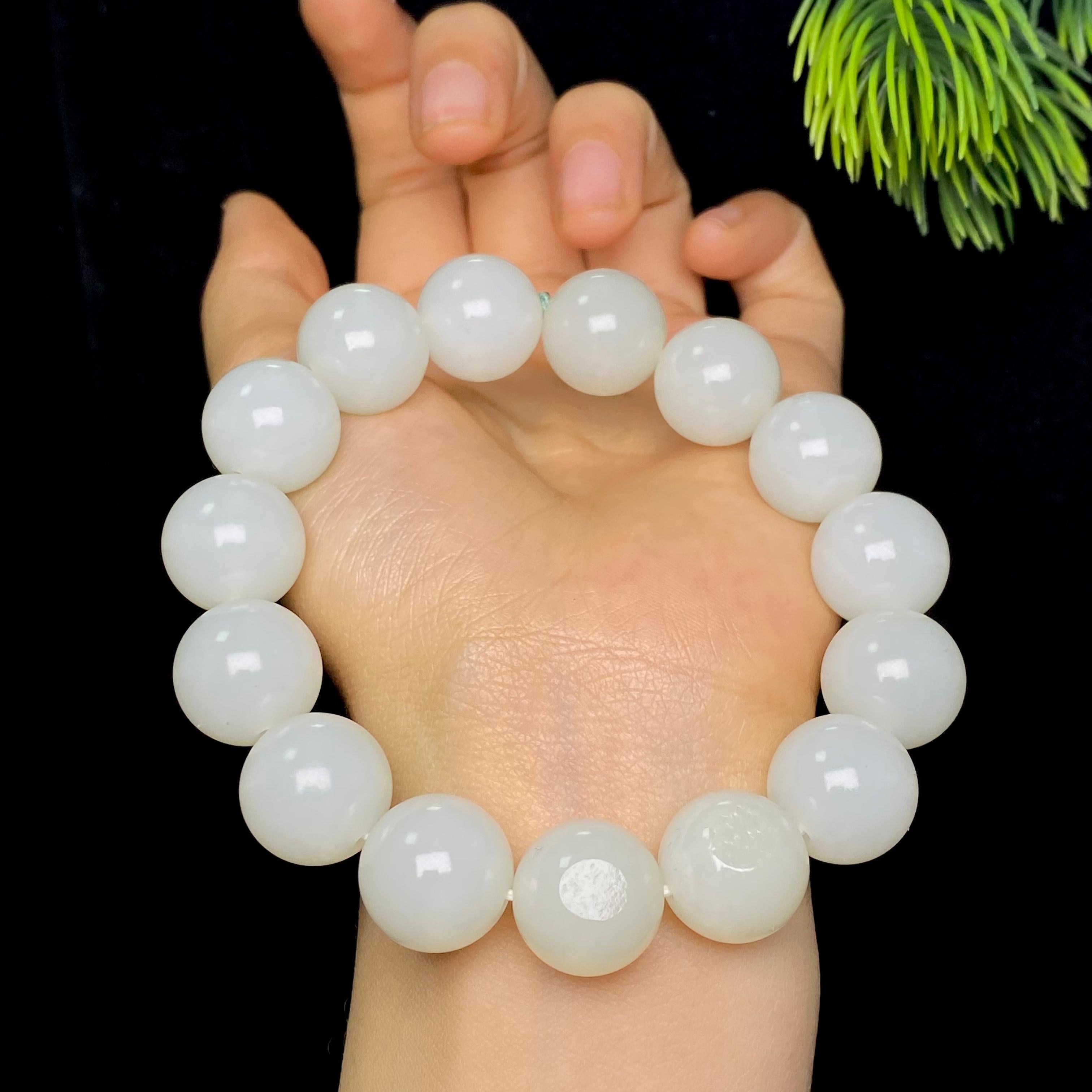 和田玉籽料白玉圆珠手串（75.8g）