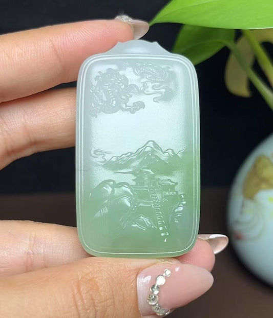 和田玉翠玉龙牌山水（43.1g）