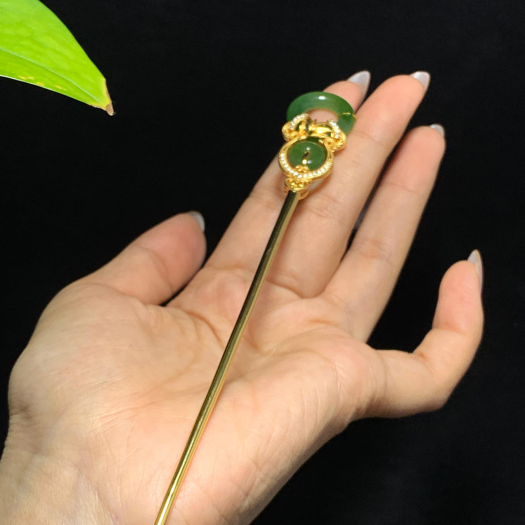 和田山料古法金镶嵌碧玉辣阳绿发簪（14.5g）