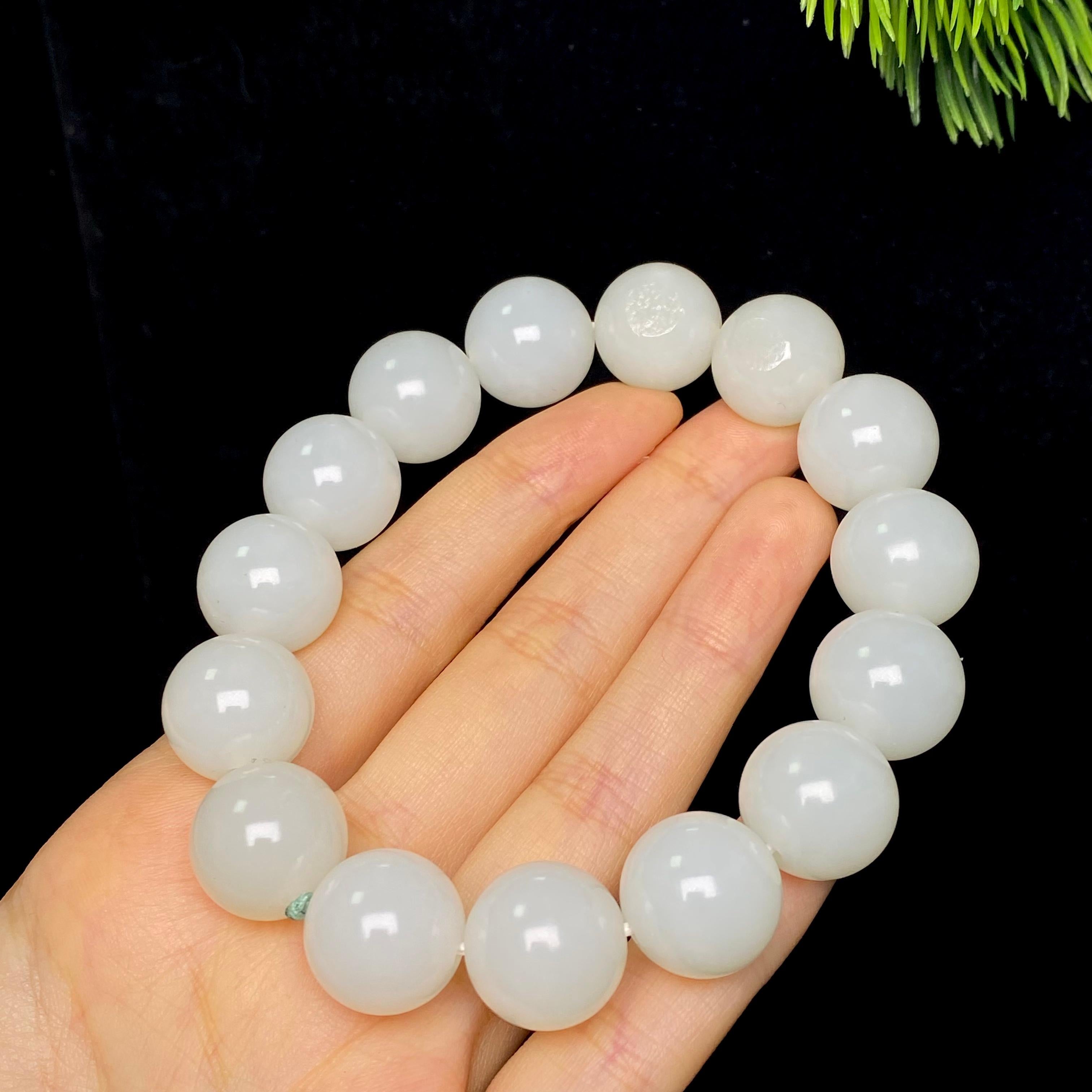 和田玉籽料白玉圆珠手串（75.8g）