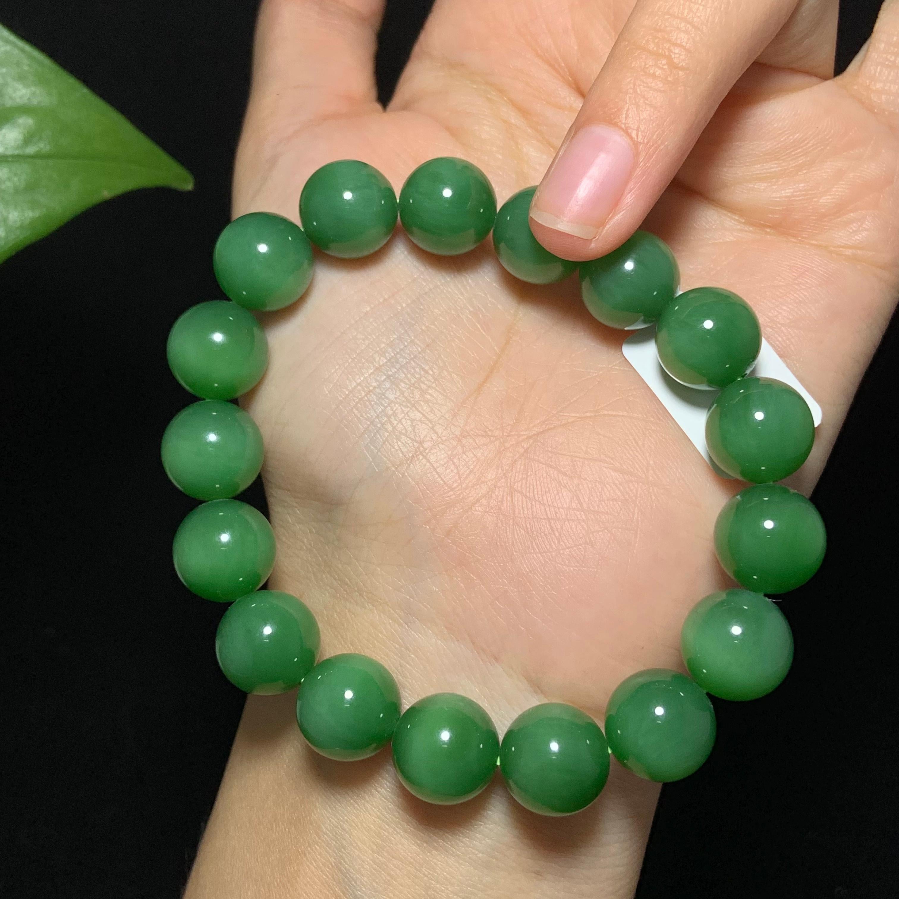 收藏级碧玉粉绿猫眼手串（45.5g）