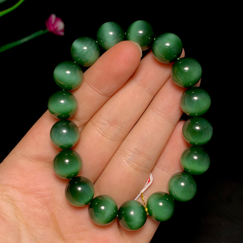 高品质碧玉黑猫眼圆珠手串（47.0g）