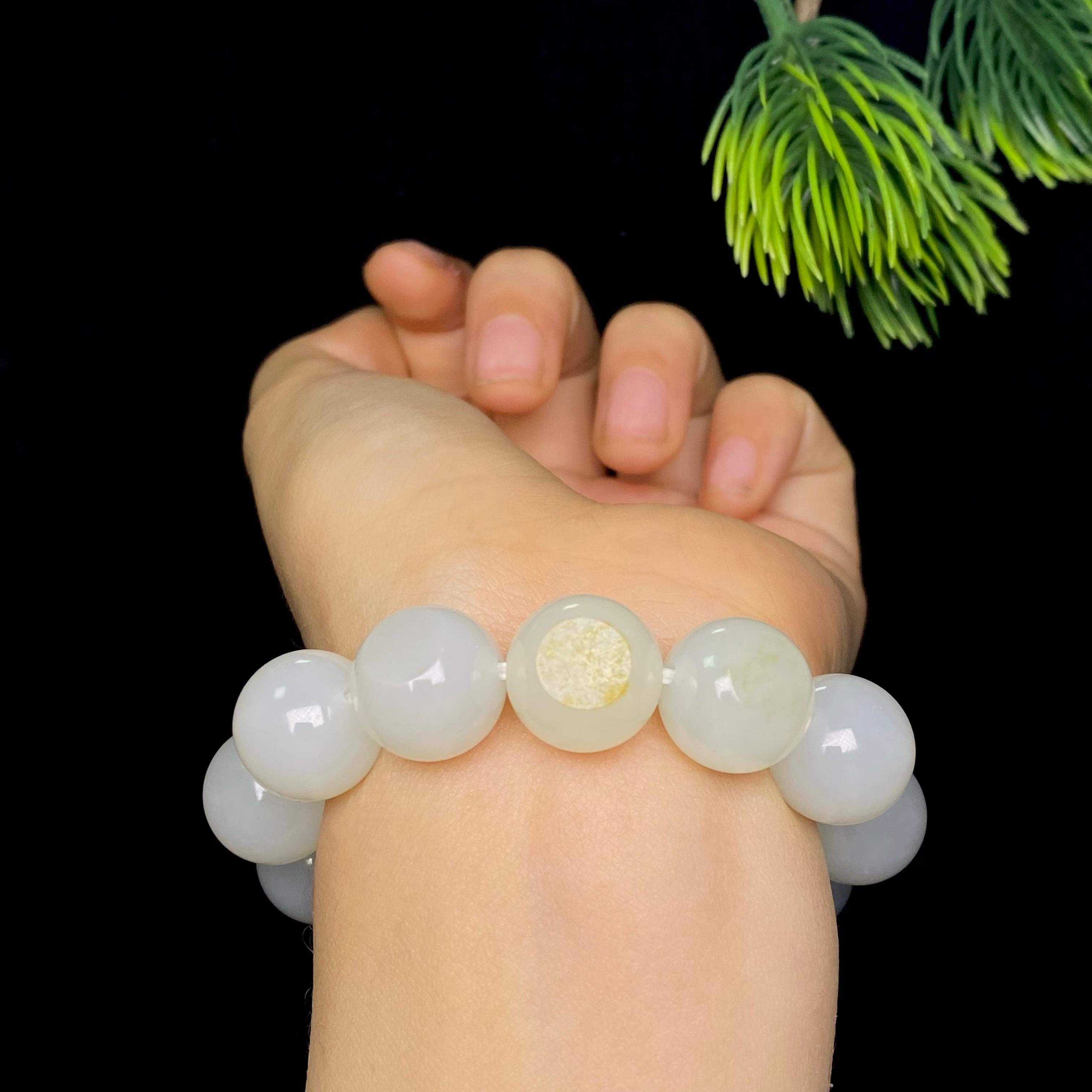 和田玉籽料白玉圆珠手串（67.0g）