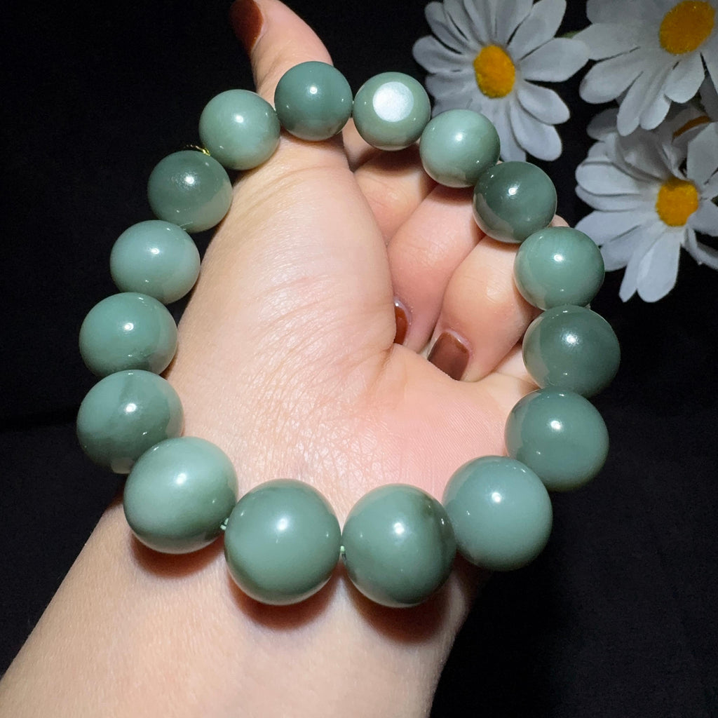 特色和田玉籽料沙枣青圆珠手串（69.1g）