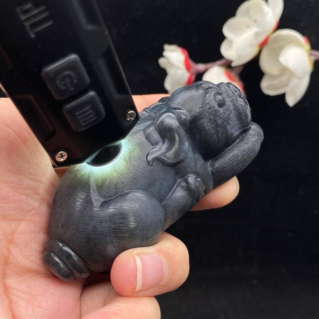 和田玉-青花籽料【旺财狗】手把件（136.4g）