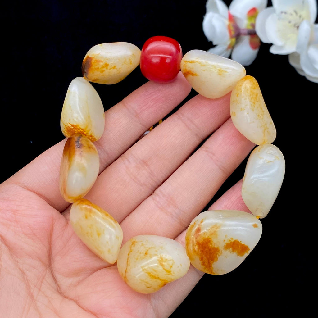 和田玉洒红皮【精品手串】（81g）