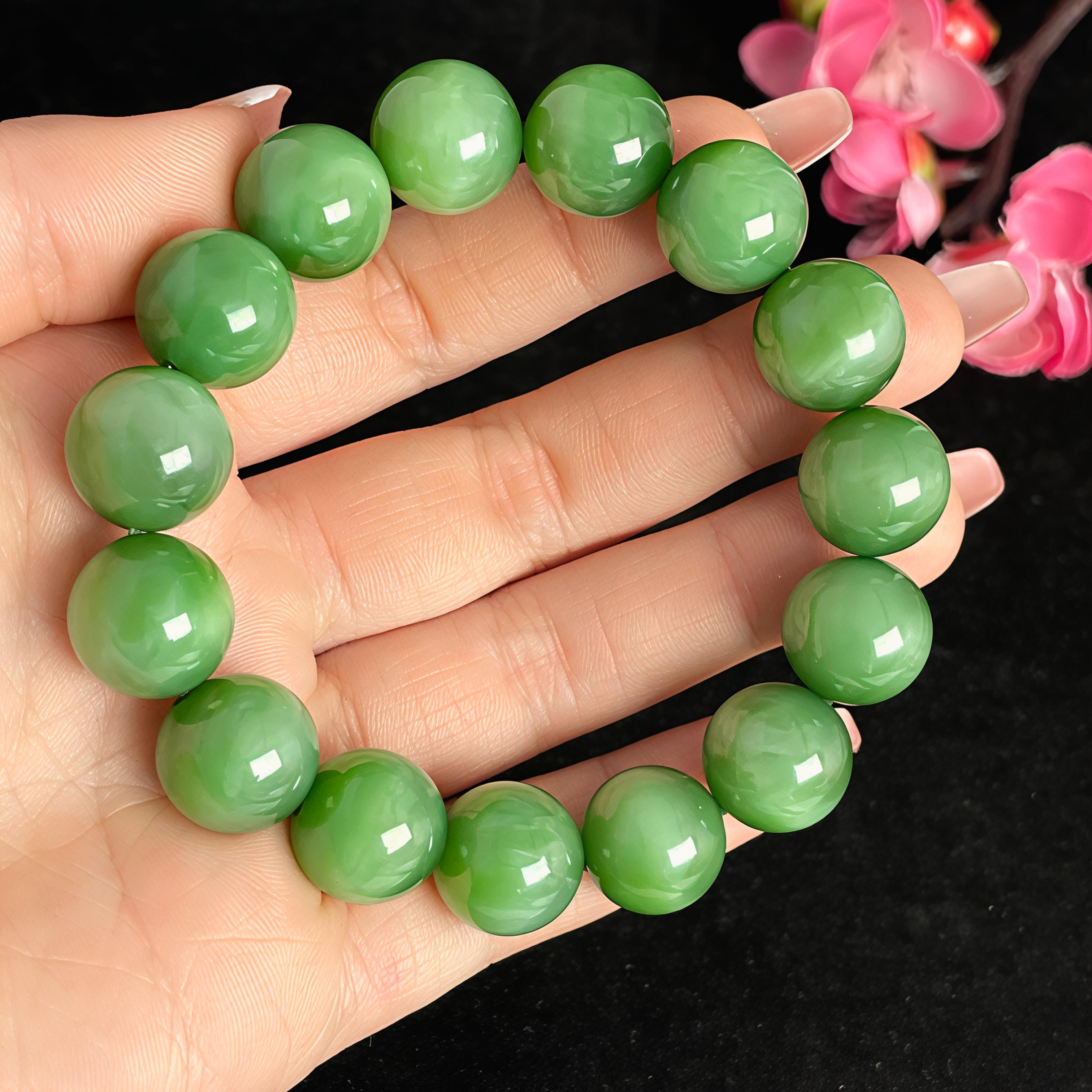 和田玉碧玉猫眼圆珠手串（63.2g）