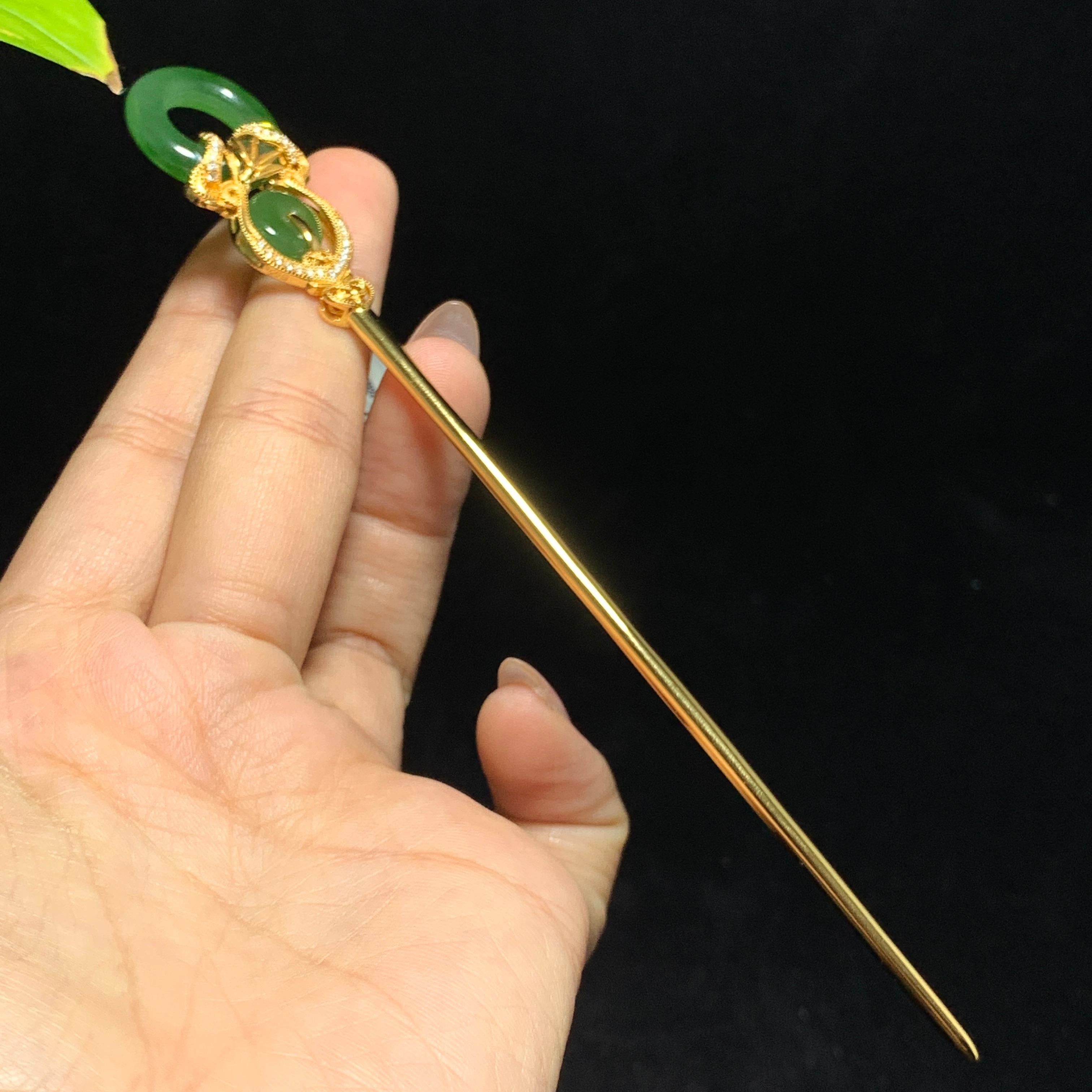 和田山料古法金镶嵌碧玉辣阳绿发簪（14.5g）