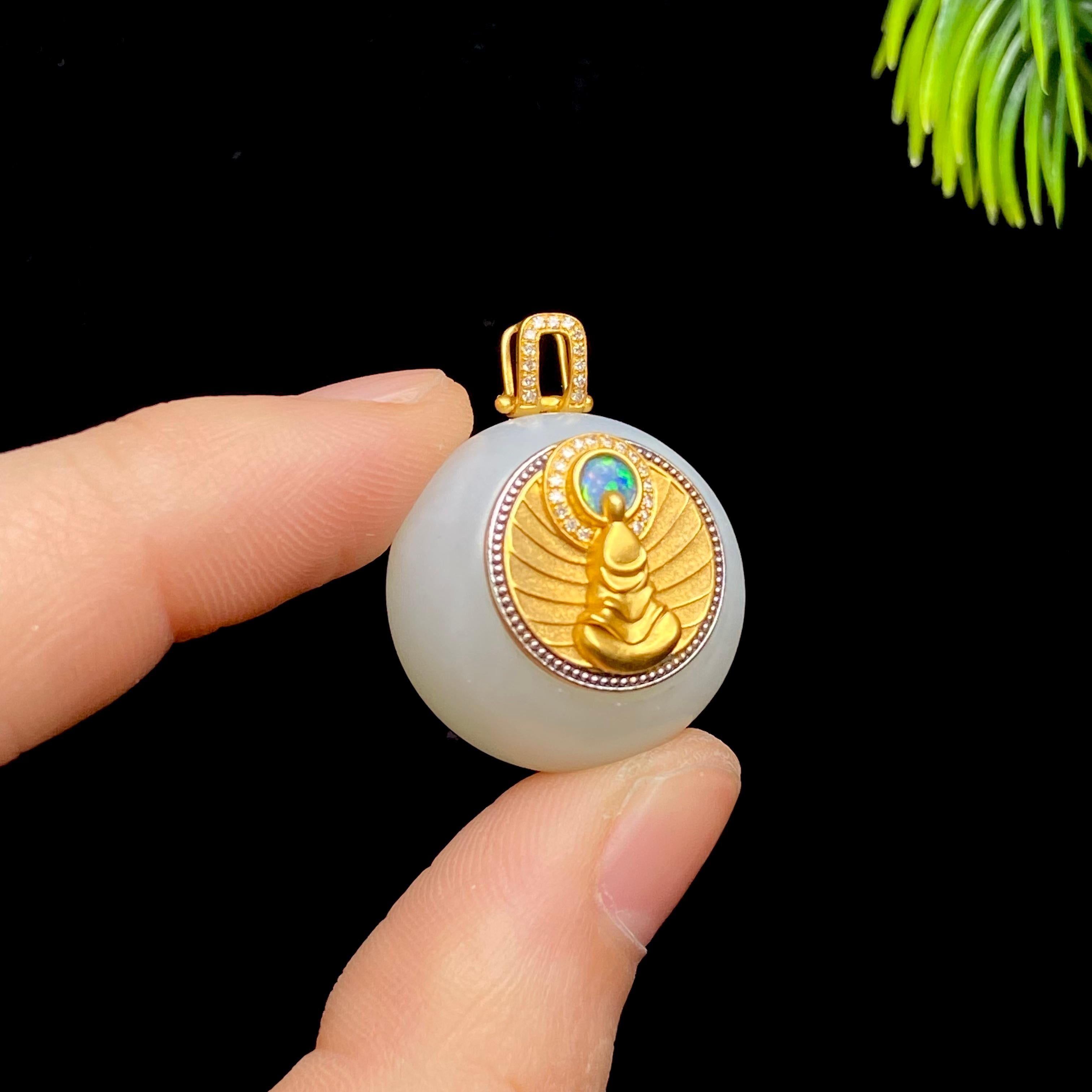 和田玉18K镶金白玉钻石吊坠01002072（14.5g）