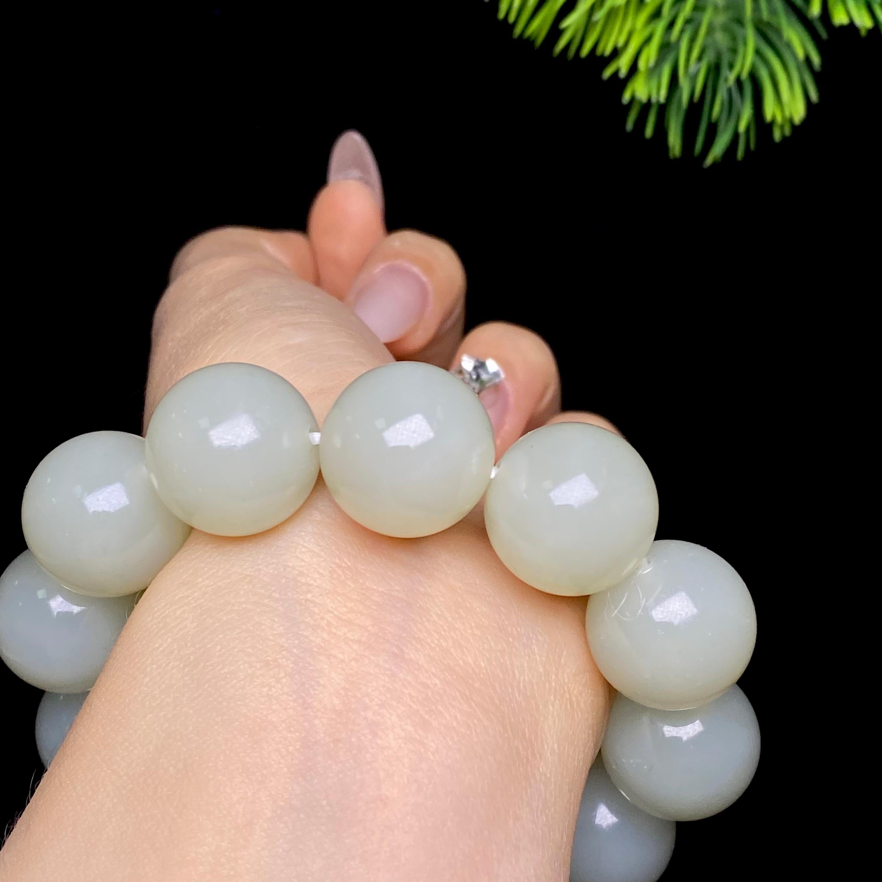 和田玉青白玉圆珠手串（89.9g）