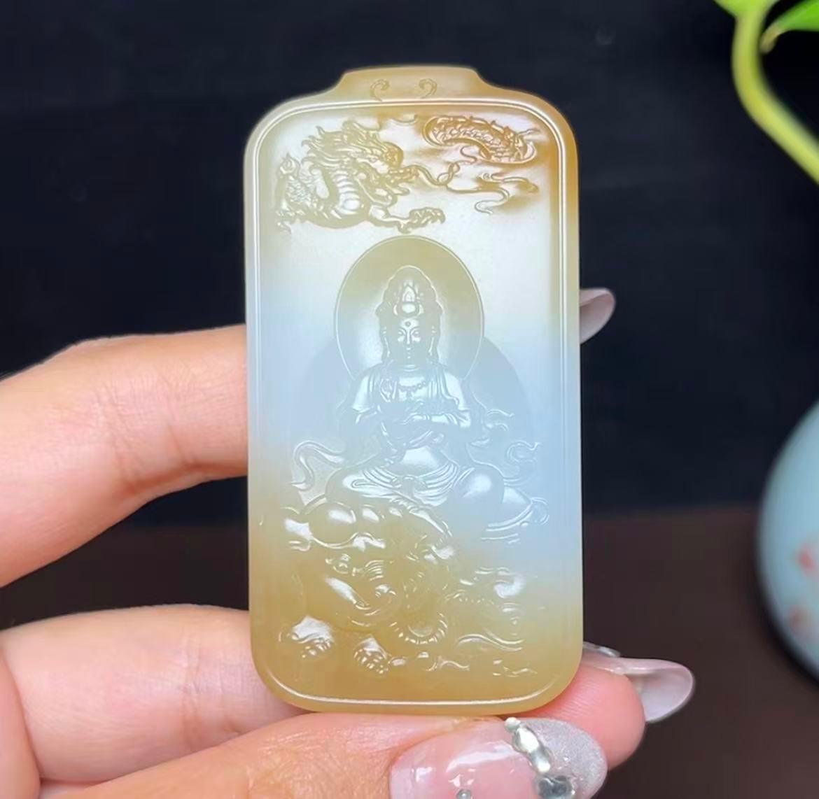 新疆和田玉且末天地黄金糖羊脂玉普贤菩萨（51.4g）