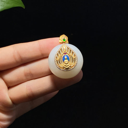 精品和田羊脂白玉金镶嵌平安扣（20.0g）