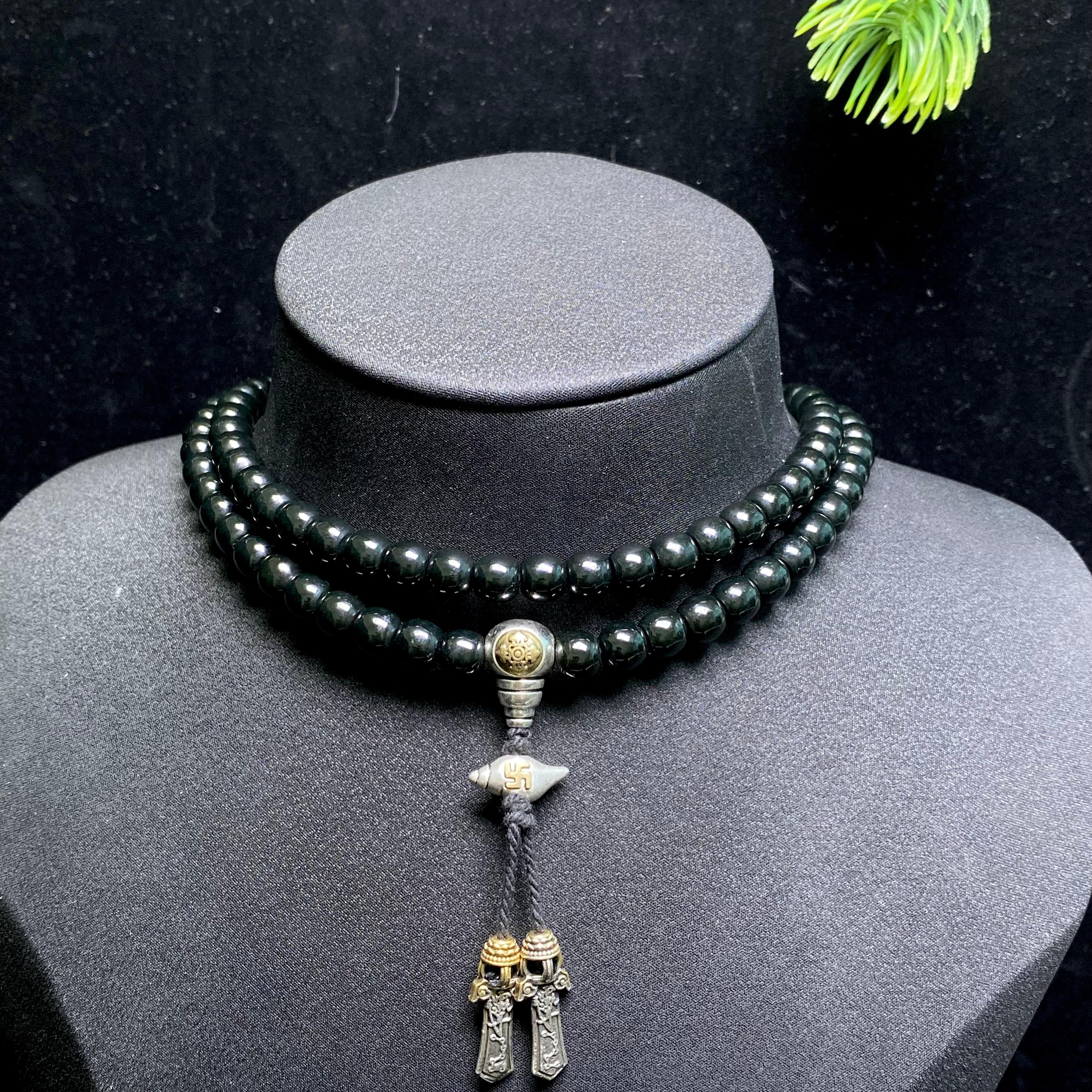 和田玉籽料黑青老型珠项链（71.9g）