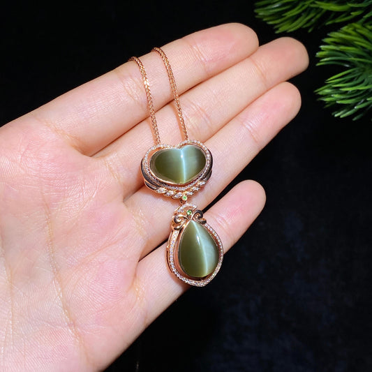 和田玉18k金碧玉猫眼钻石项链（10.0g）