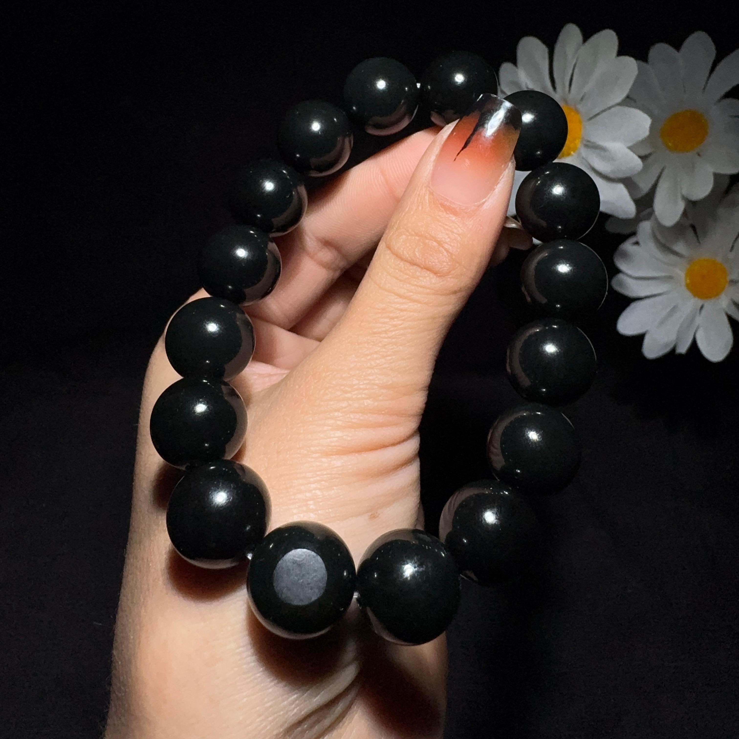 和田玉黑青圆珠手串（69.5g）