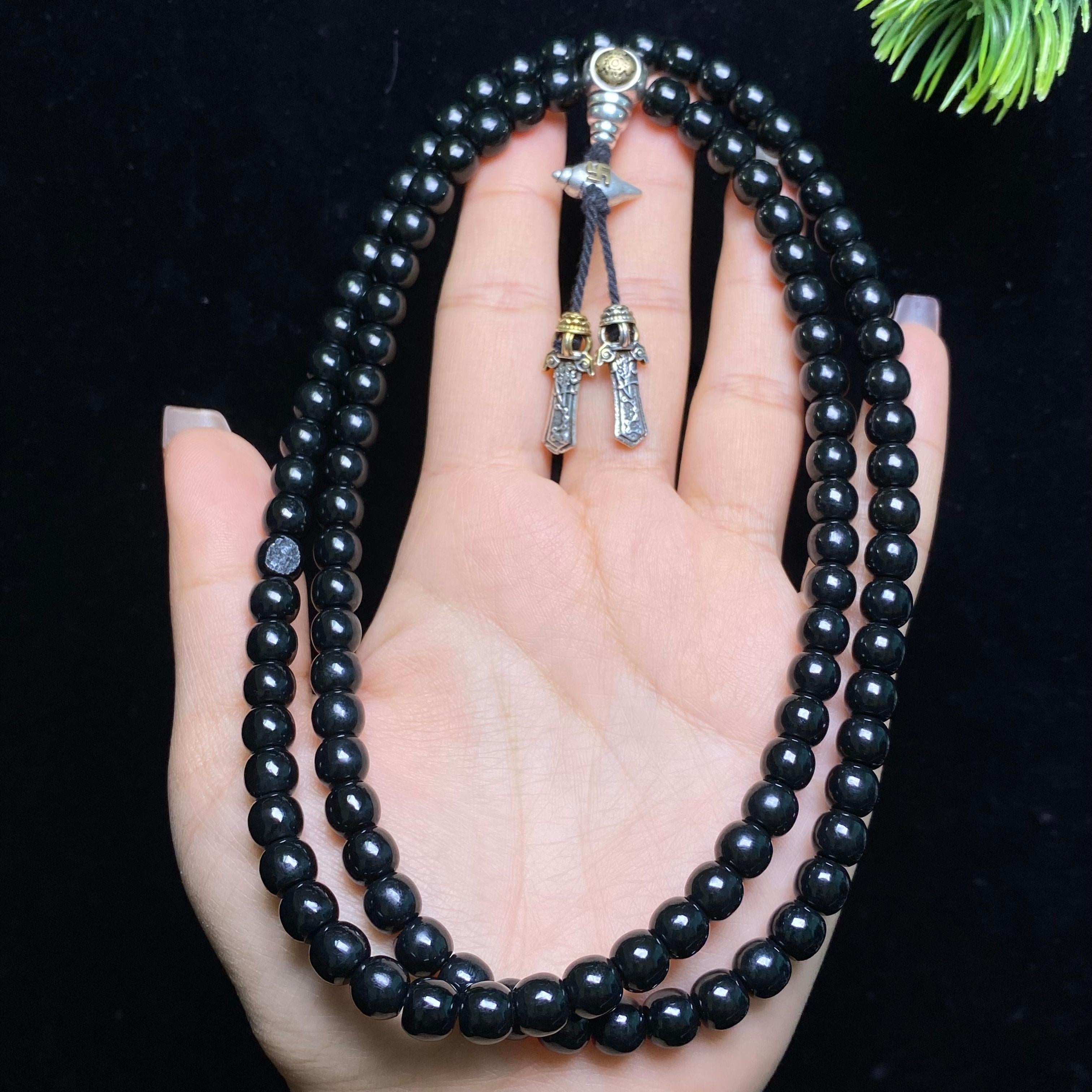 和田玉籽料黑青老型珠项链（71.9g）