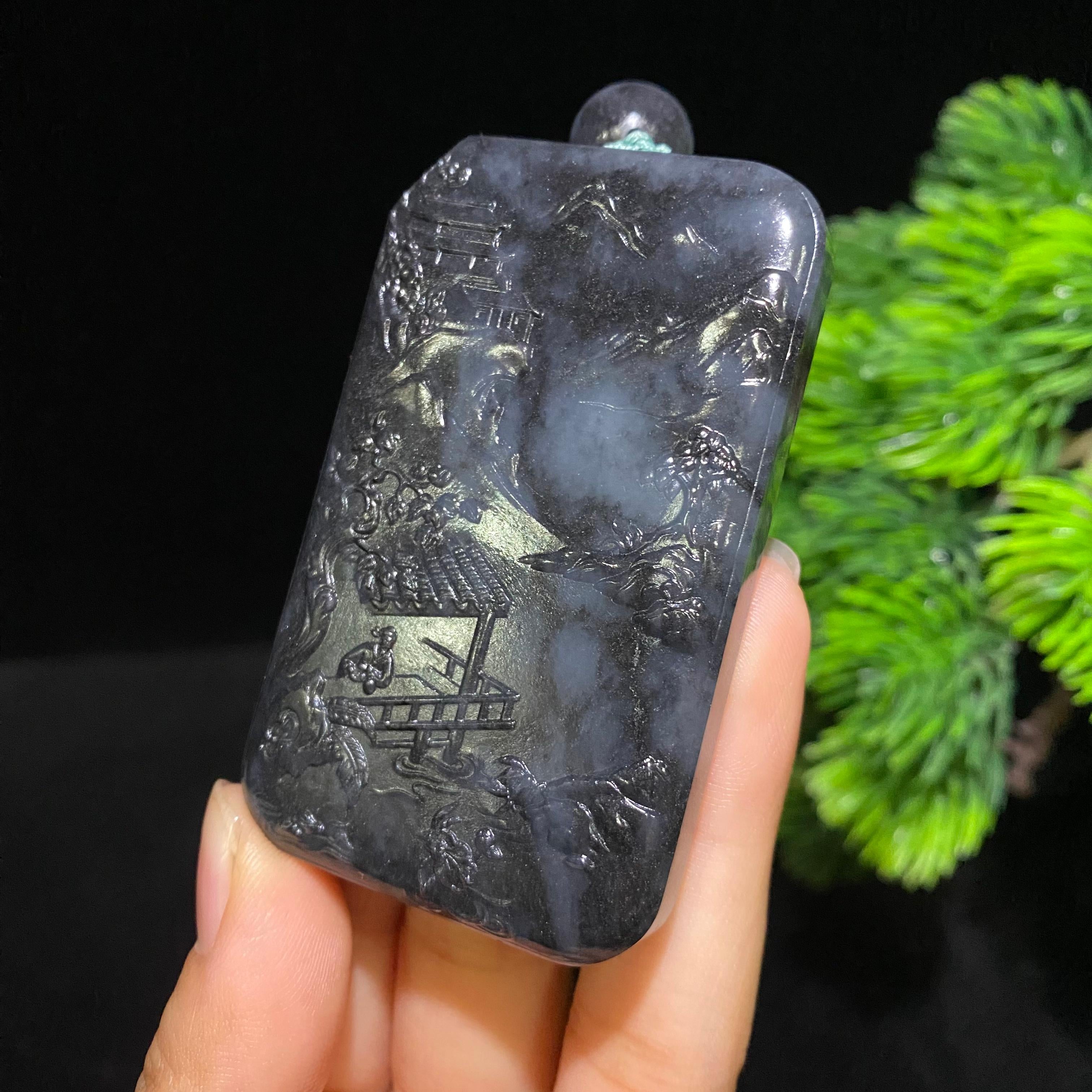 和田玉籽料青花山水牌挂件（86.3g）