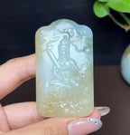 新疆和田玉且末糖白羊脂玉带翠文殊菩萨（59.3g）
