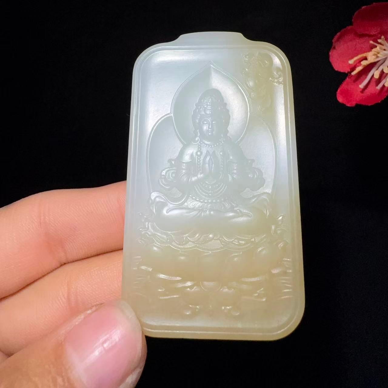 和田玉糖白观音佛挂件对牌（52.1g）