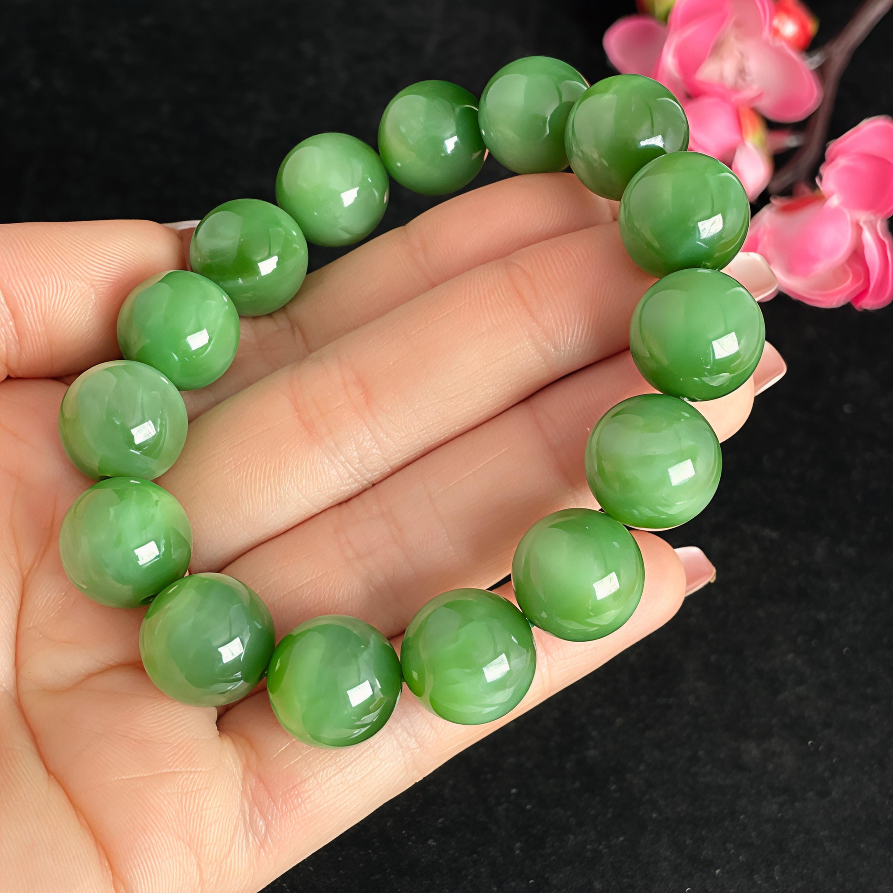 和田玉碧玉猫眼圆珠手串（63.2g）