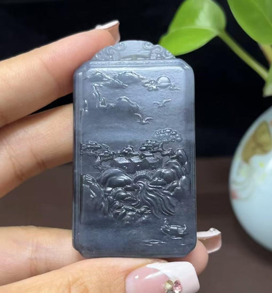 和田玉意境青花山水牌（44.7g）