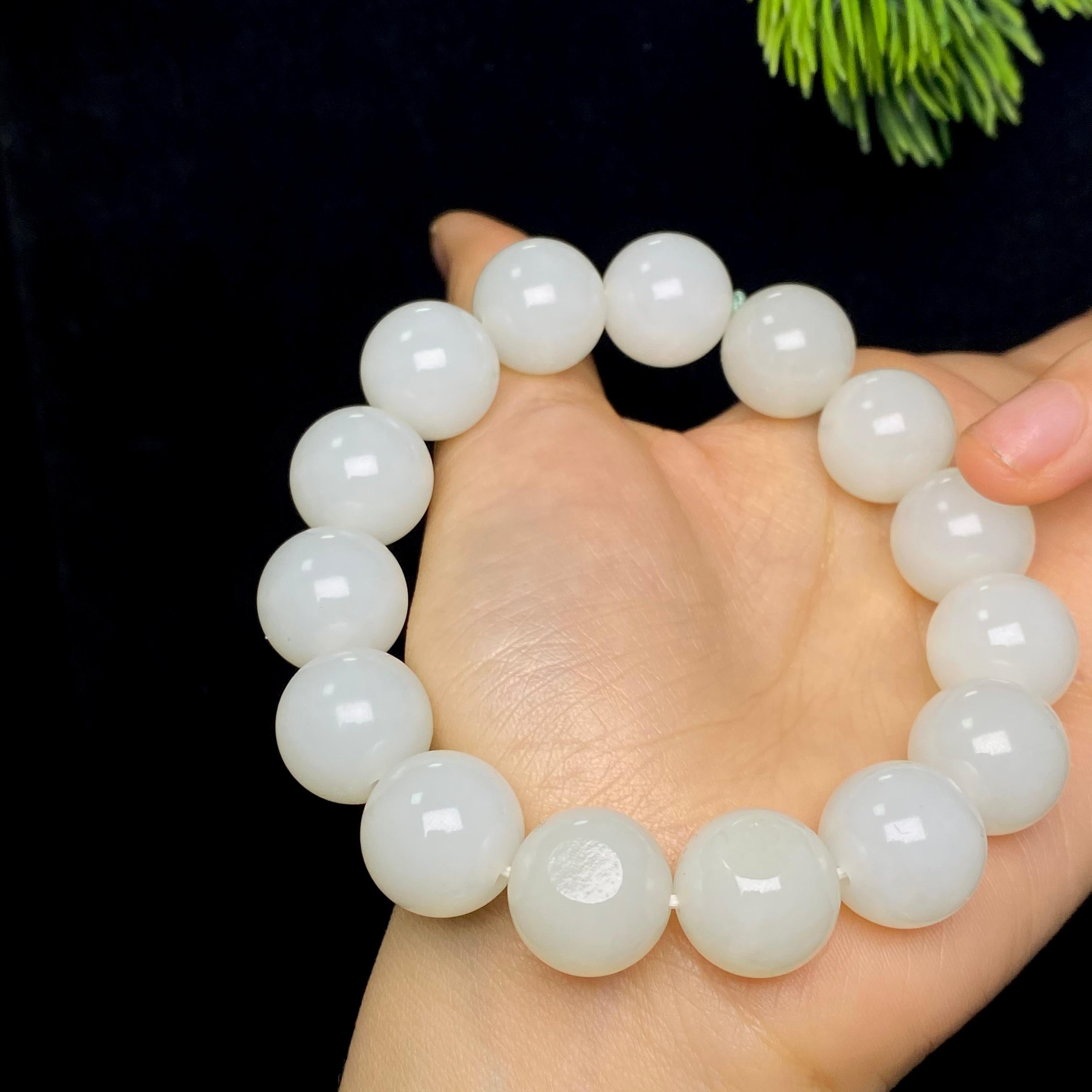 和田玉籽料白玉圆珠手串（75.8g）