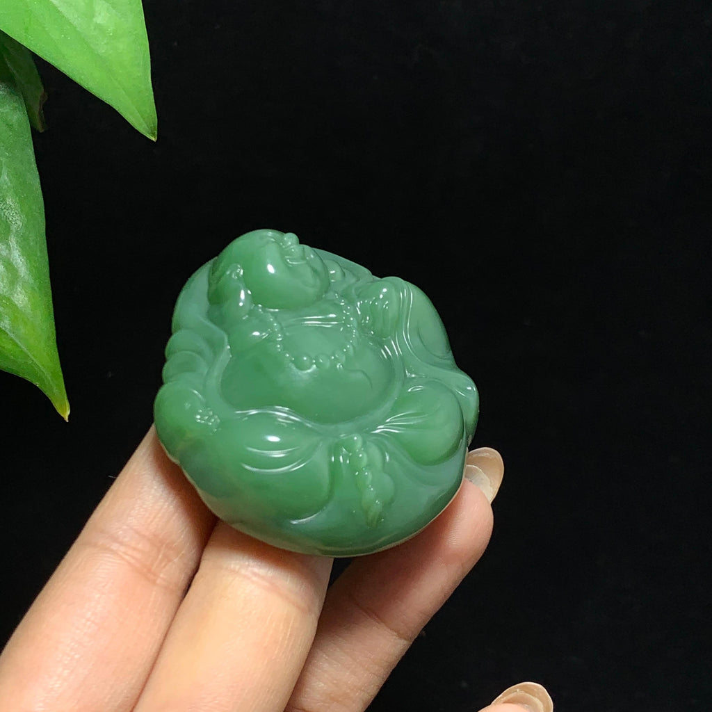 和田山料碧玉粉青猫眼佛公挂件（78.5g）