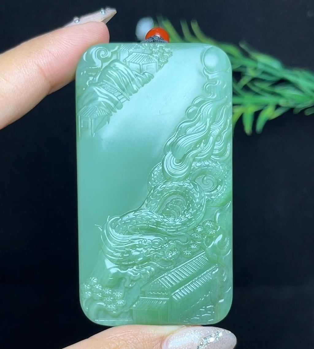 和田玉碧玉粉青猫眼御龙山水牌（75.3g）