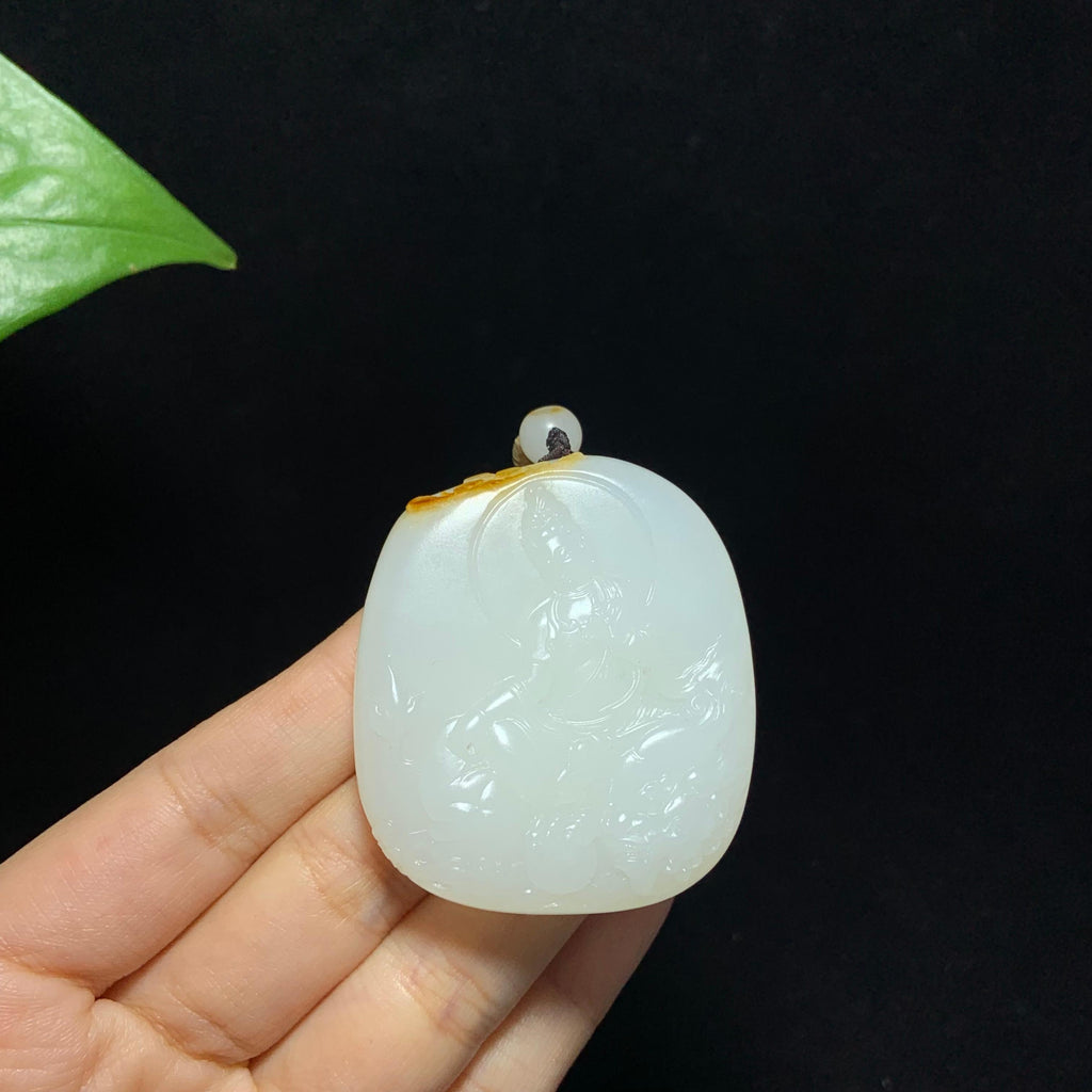 珍藏品和田籽料洒金皮白玉文殊菩萨挂件（50.0g）