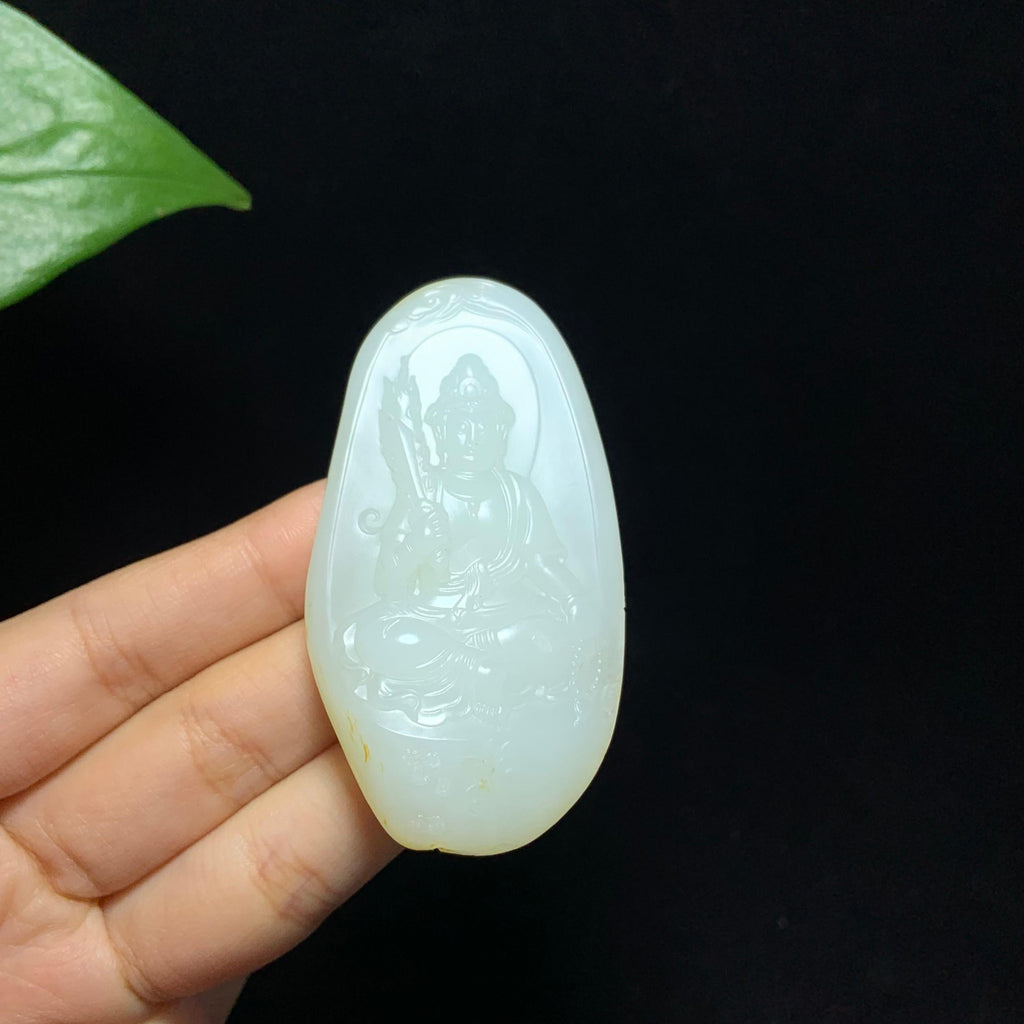 收藏级和田洒金皮白玉籽料观音挂件（43.5g）