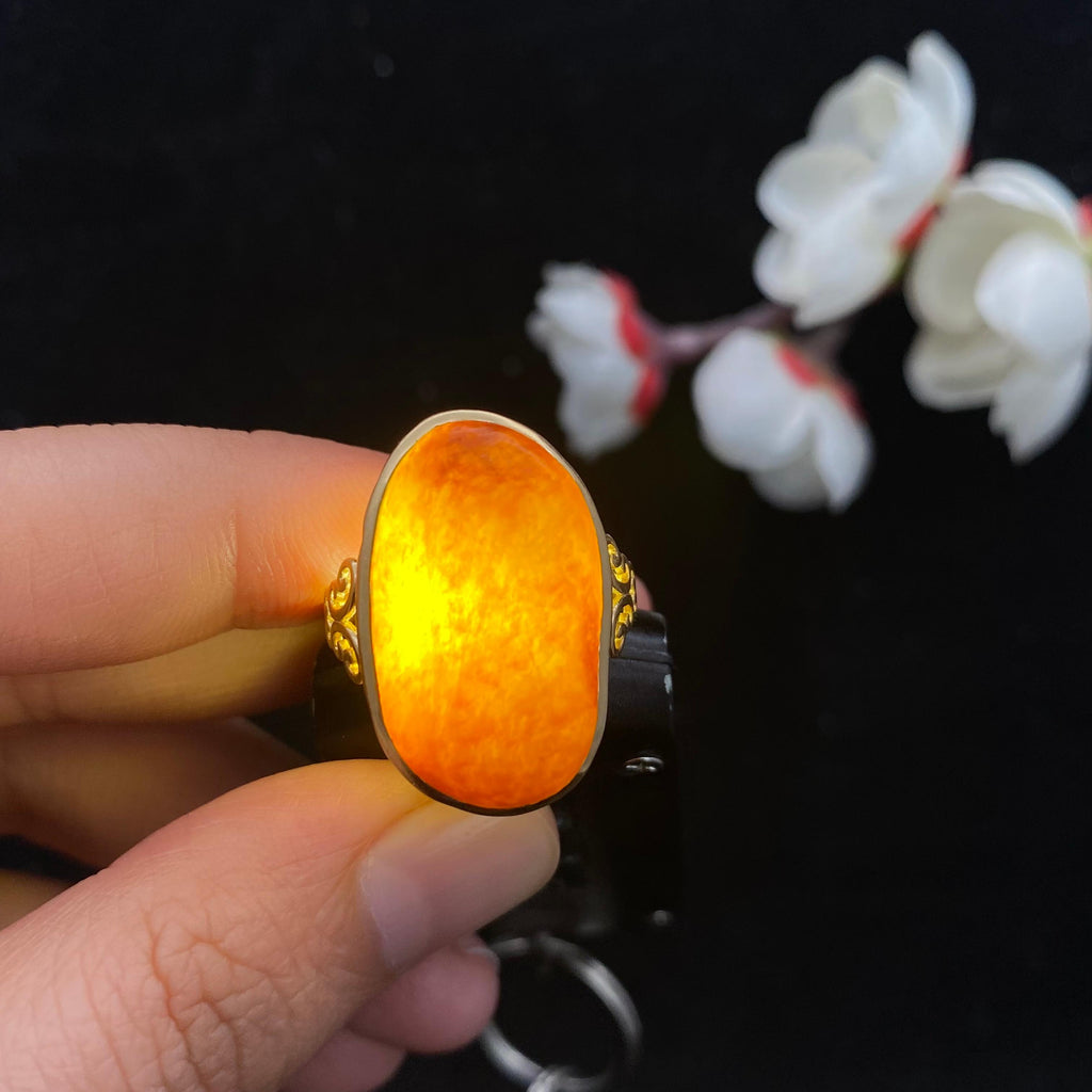 和田玉-黄沁皮籽料18k金镶【包金戒指】（7.0g）
