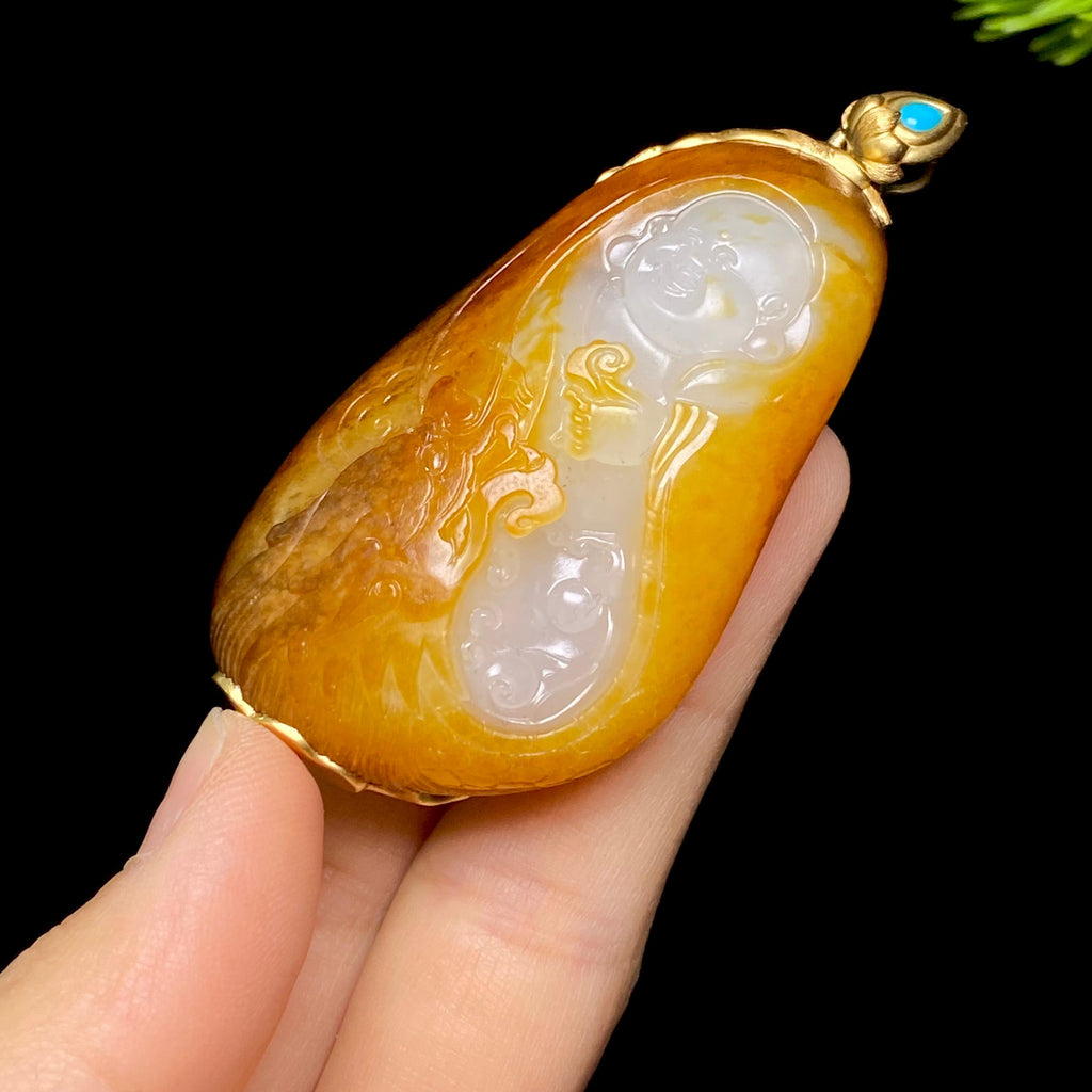 和田玉籽料18K金佛公（66.7g）
