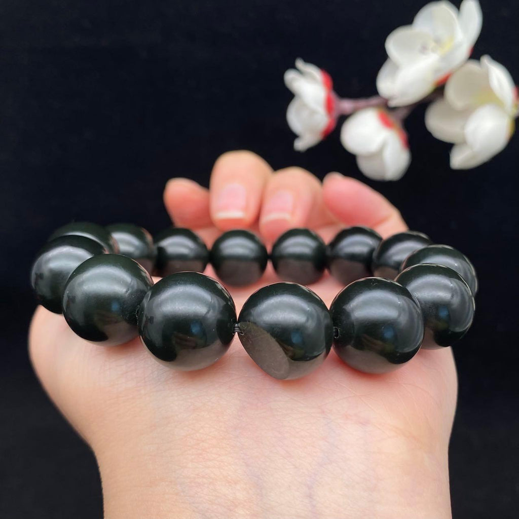 和田玉黑青籽料【圆珠手串】（74.5g）