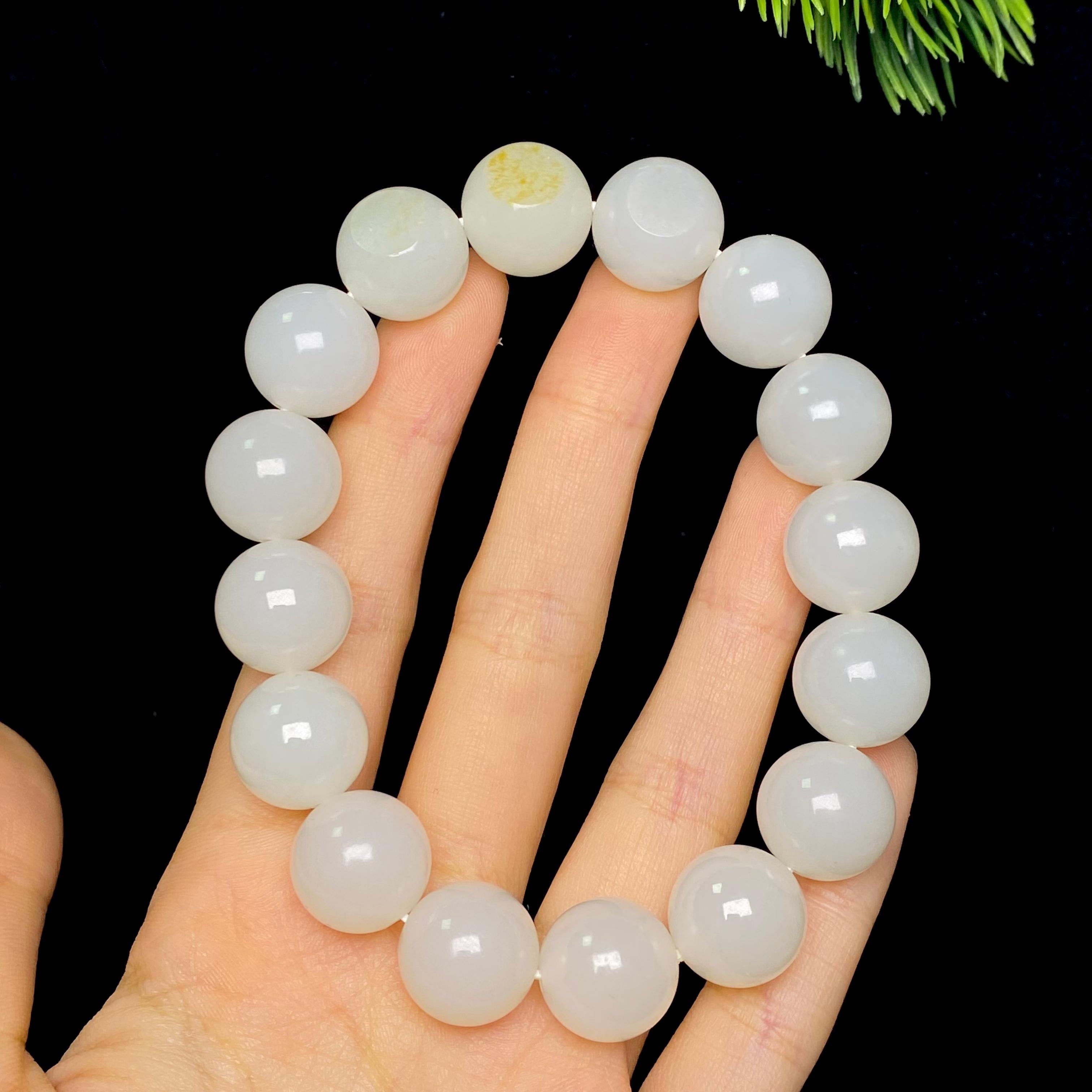 和田玉籽料白玉圆珠手串（67.0g）