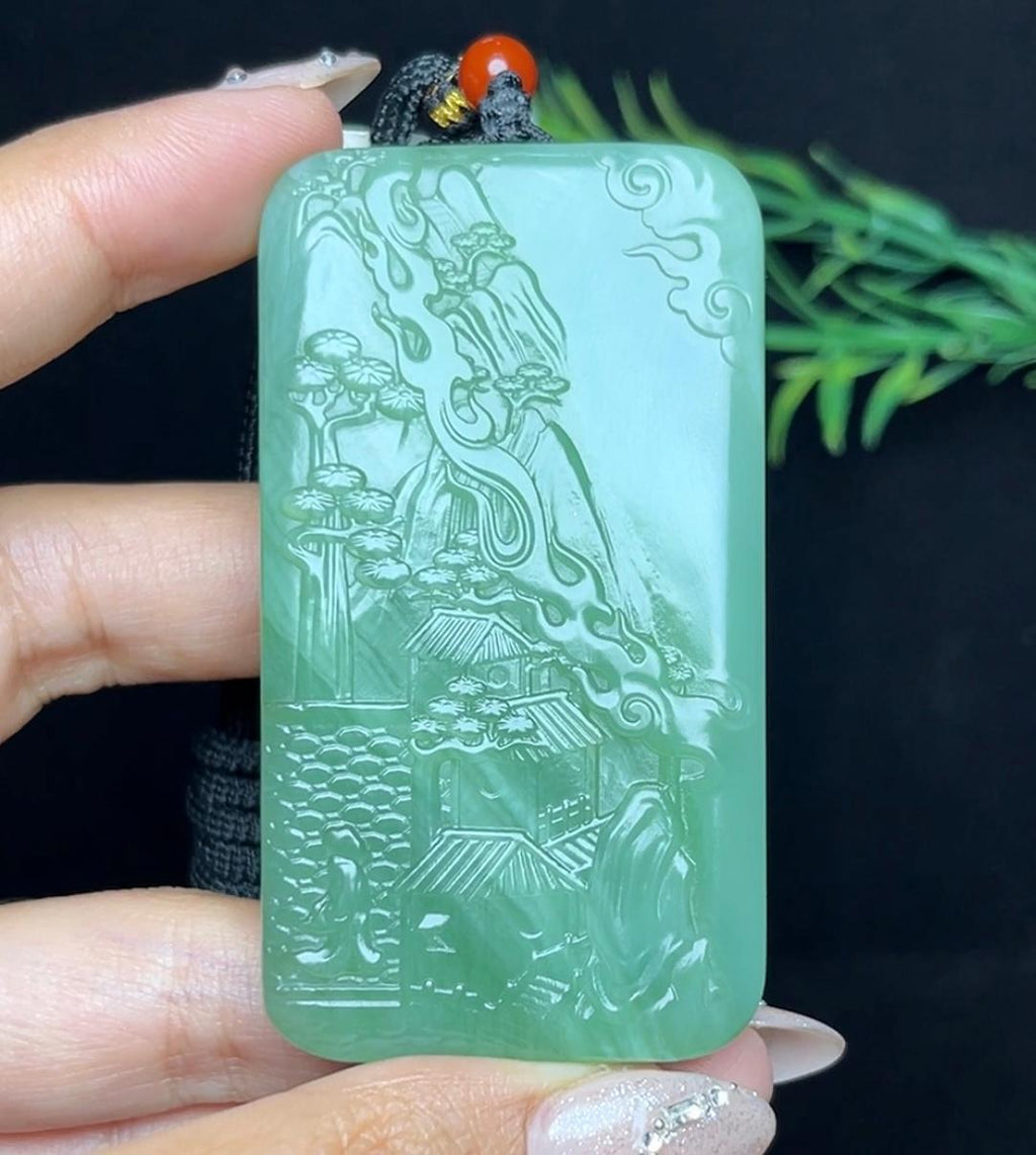 和田玉碧玉粉青猫眼御龙山水牌（75.3g）