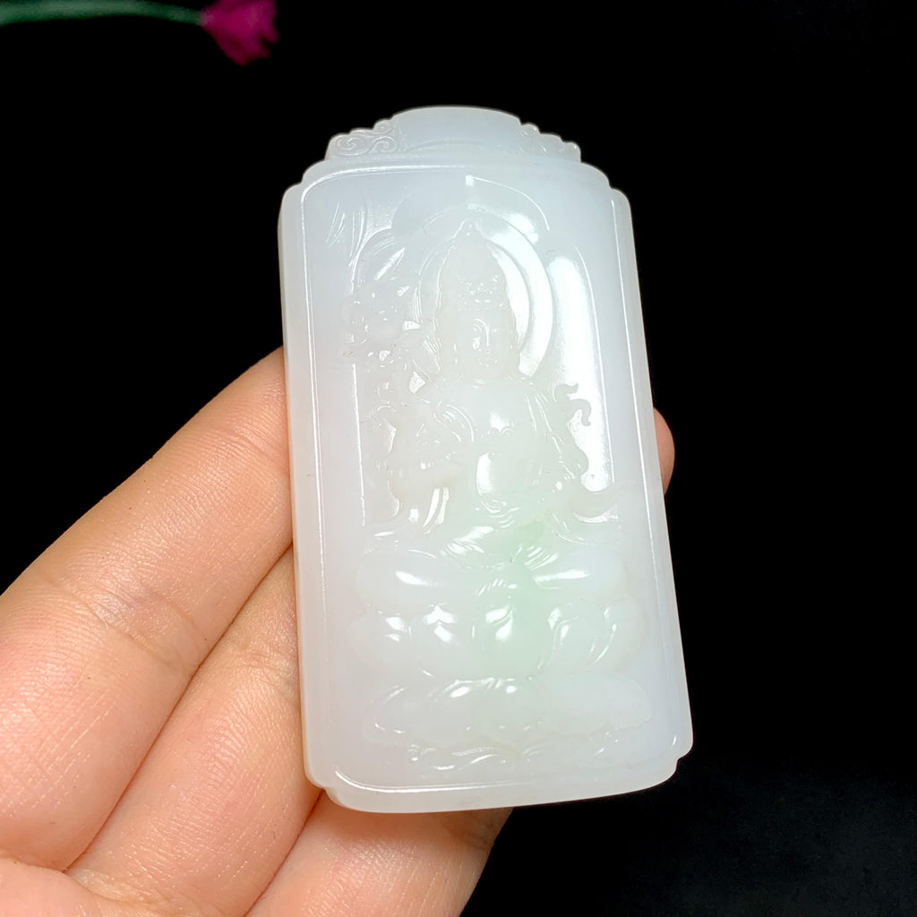 收藏级新疆山料白玉带翠观音挂件（67.7g）