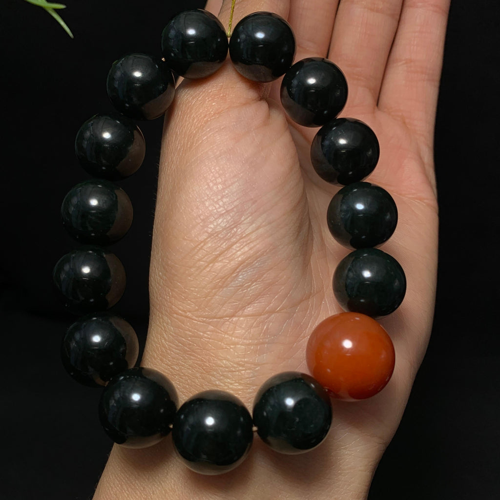 收藏级和田籽料黑青圆珠手串（66.6g）