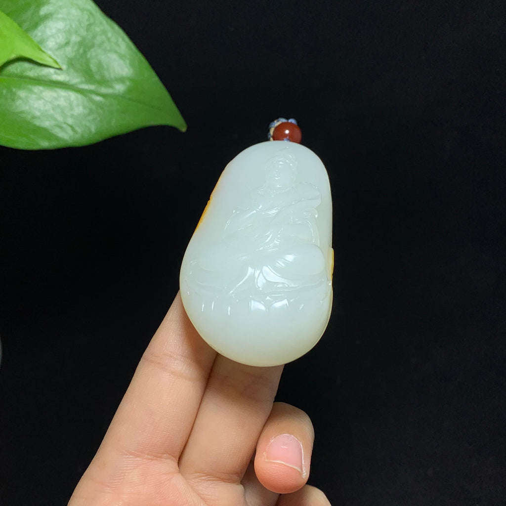 传承级和田籽料洒金皮白玉观音挂件（77.0g）