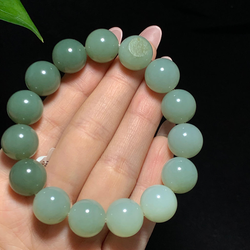 和田籽料翠青圆珠手串（64.8g）