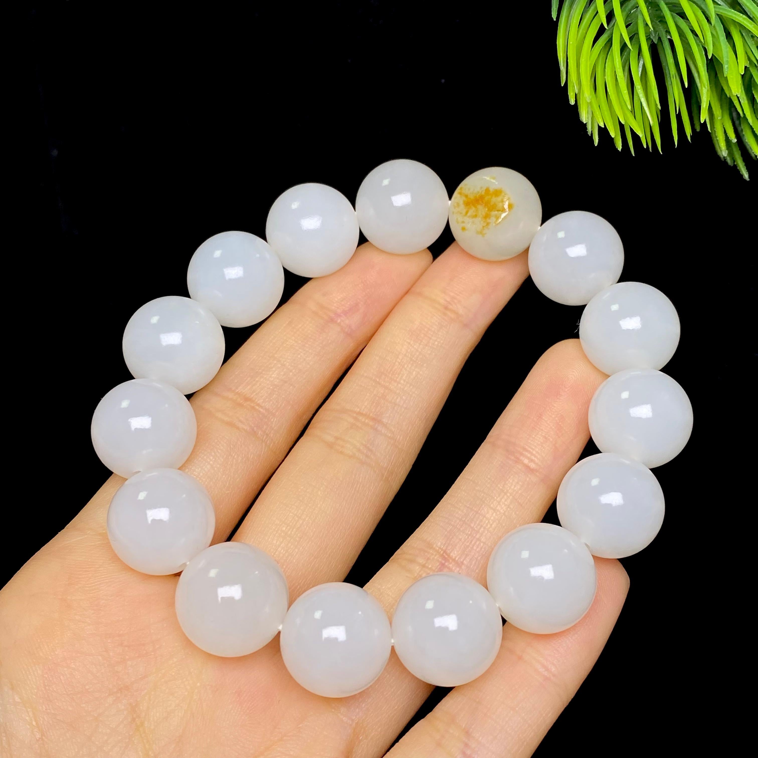 和田玉籽料白玉圆珠手串（62.4g）