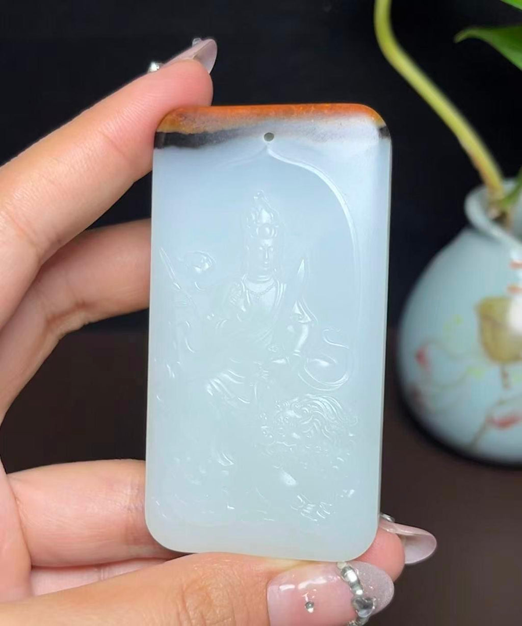 和田羊脂玉籽料特色三色料文殊菩萨（75.8g）