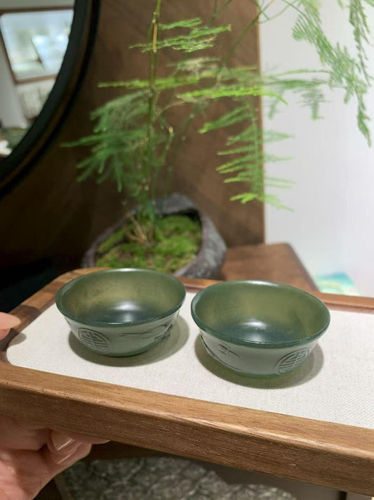 和田玉青玉茶杯【一对】（33.3g）