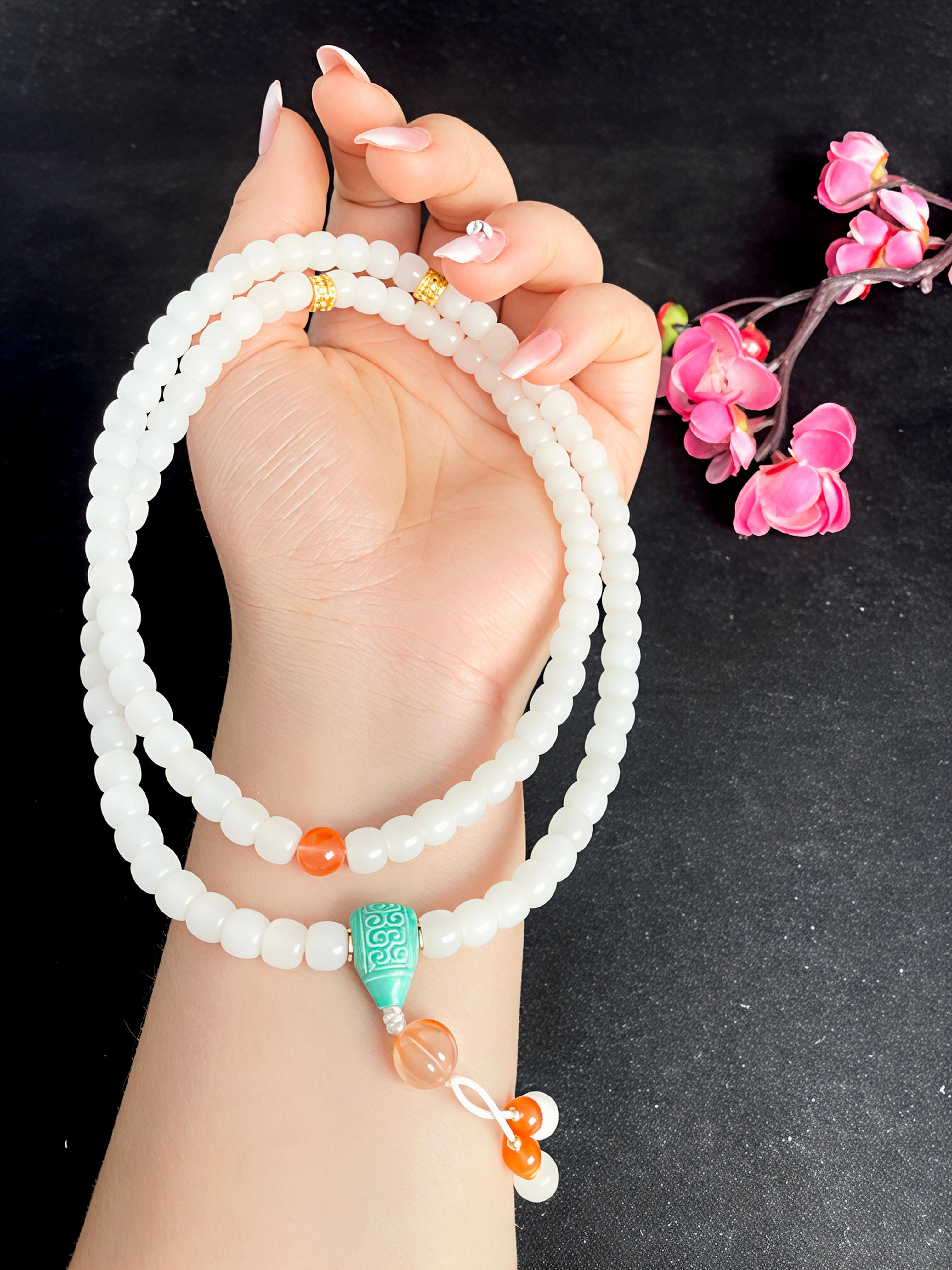 和田玉羊脂白玉老型珠108粒项链（64.9g）