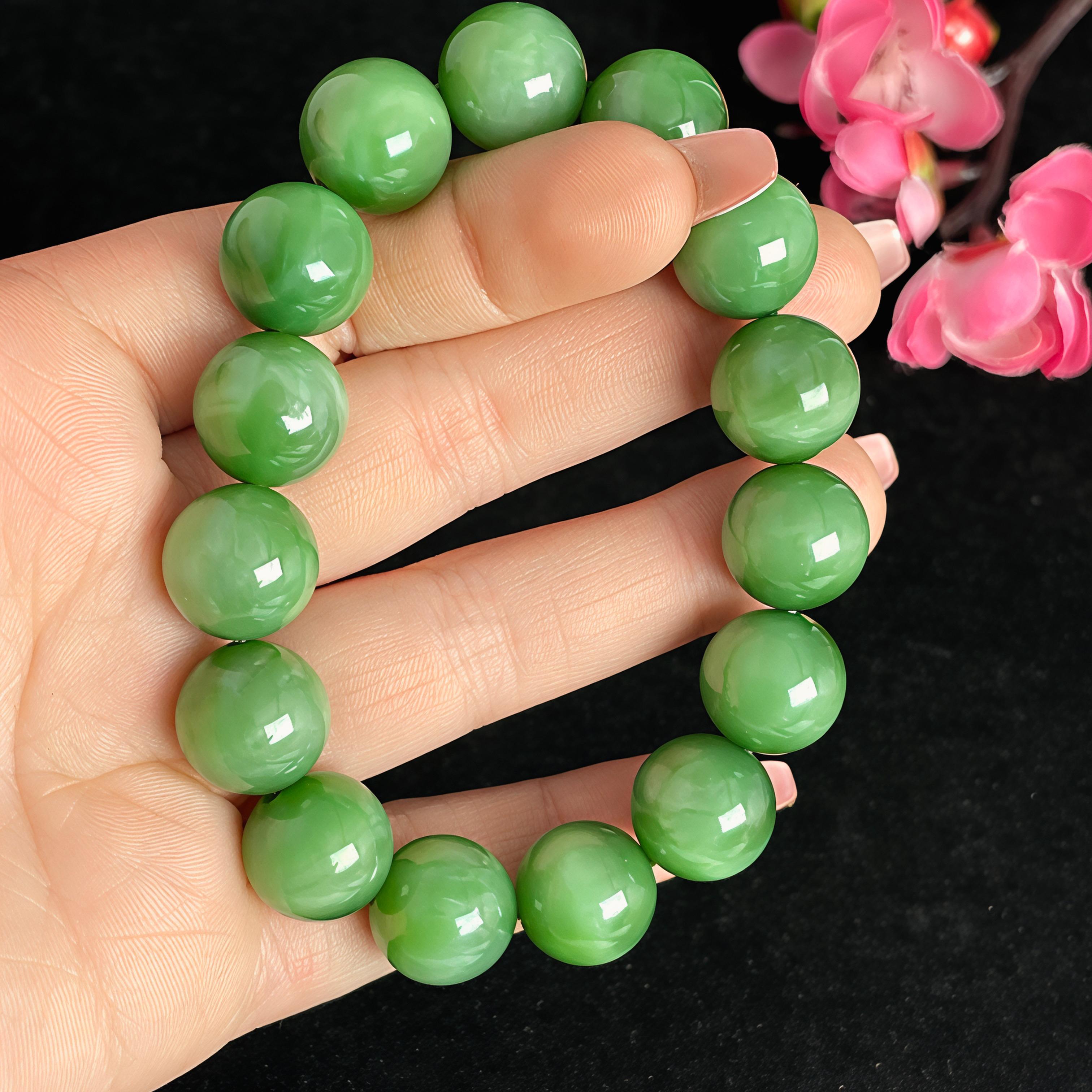 和田玉碧玉猫眼圆珠手串（63.2g）