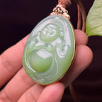 和田玉碧玉冰粉绿18k金镶佛公挂件（41.8g）