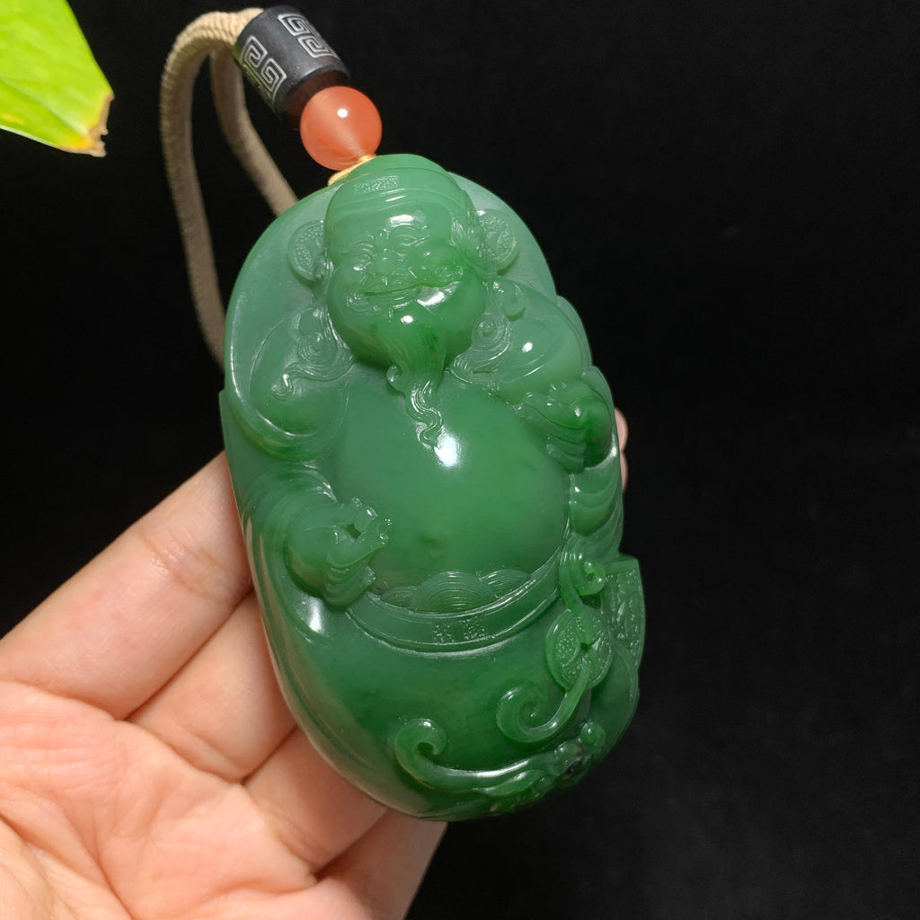 收藏级碧玉7号坑老料粉绿财神手把件（166.6g）