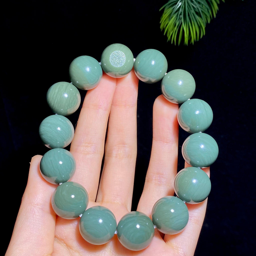 和田玉籽料沙枣青圆珠手串（89.9g）