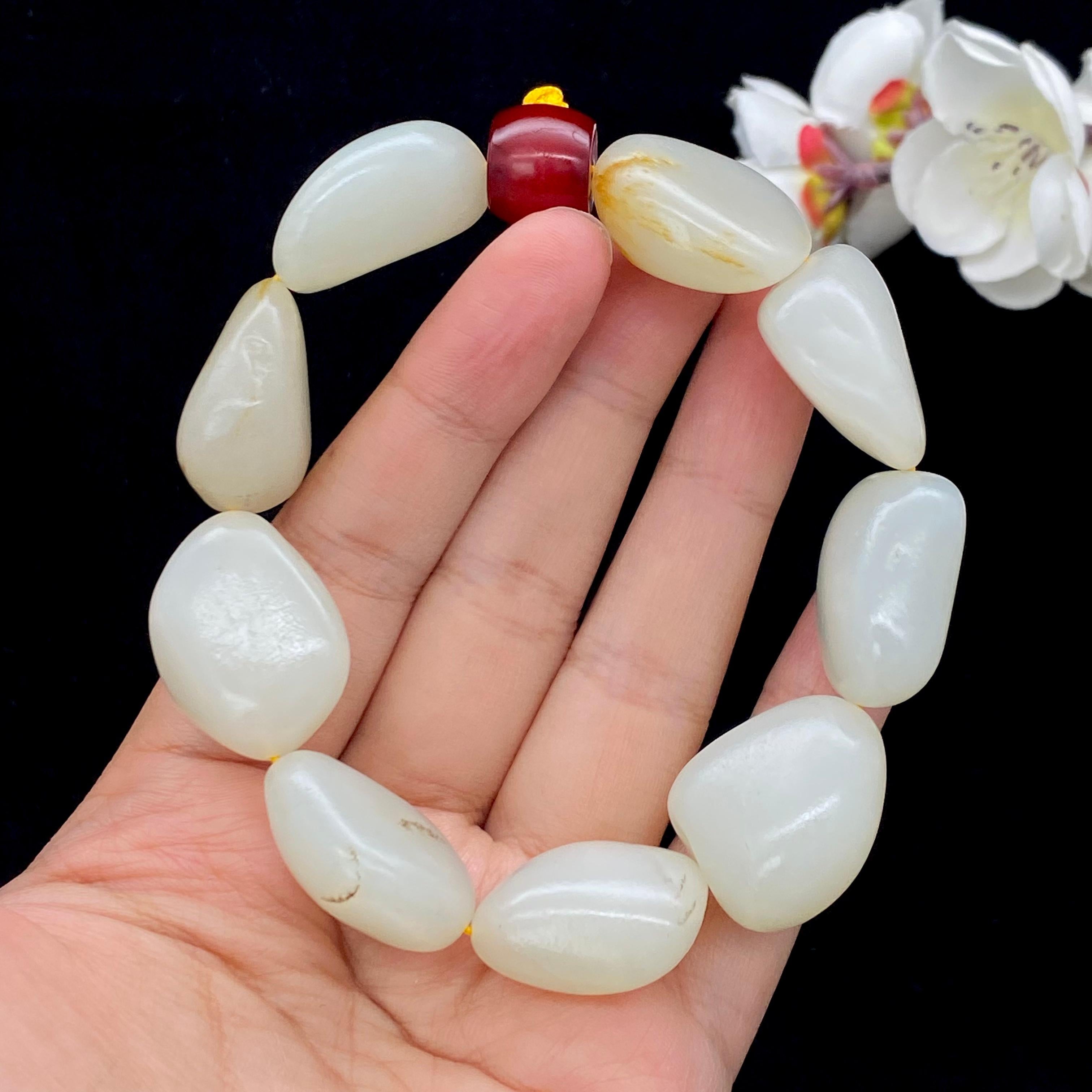 和田玉白玉带黄皮籽料【精品手串】（94.1g）