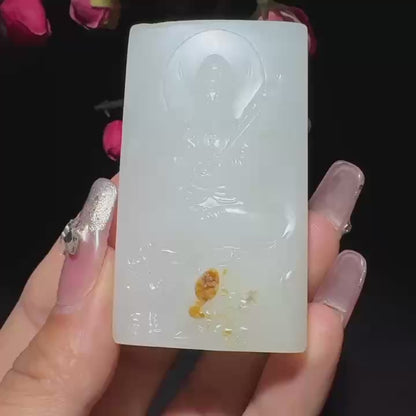 和田玉籽料文殊菩萨牌子挂件